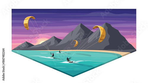 Kitesurfing adventure at sunset with majestic mountain backdrop and vibrant ocean waves
