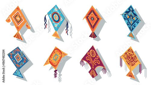 Colorful flat style traditional kites with intricate patterns and long shadows