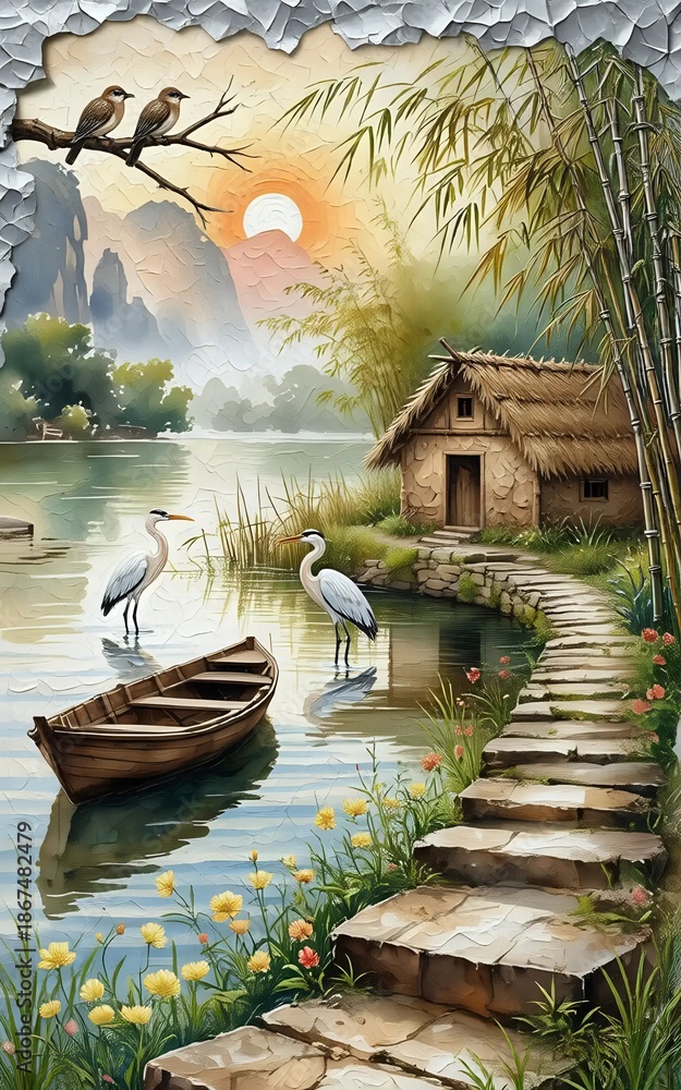 Fototapeta premium Boat on the lake and heron in water