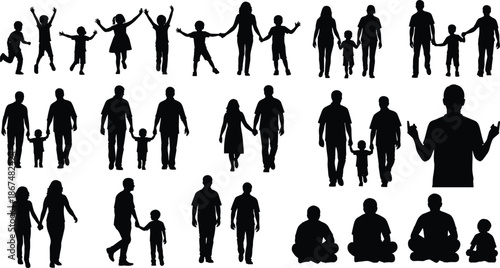 Black Vector Silhouettes of Diverse Families Parents Children and Couples in Standing Walking Sitting and Playing Poses on White Background (20 words)