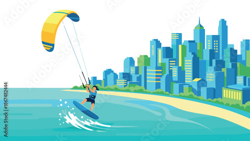 Kite surfing in urban coastal scene with vibrant city skyline
