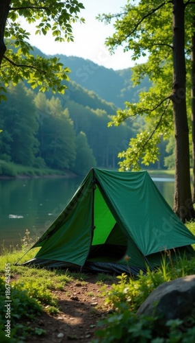 Green canvas tent pitched near river, forest backdrop, landscape, serene, travel