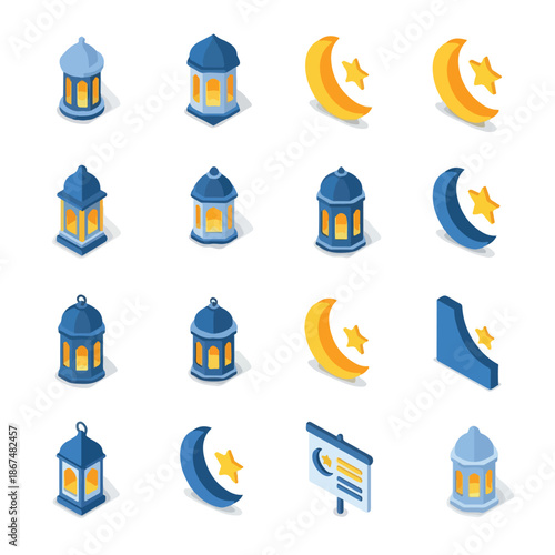 Isometric icons of blue lanterns and crescent moons with stars on a white background, symbolizing Ramadan.