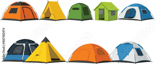 Camping Tent Illustration Set with Different Outdoor Shelters, Travel Equipment, Adventure Tourism Elements for Nature and Hiking Designs