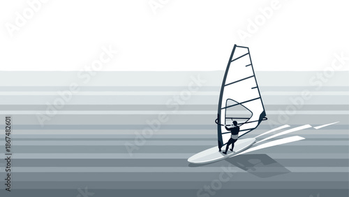 Monochrome windsurfing adventure: silhouette of a sailboarder on calm water