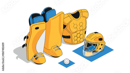 Floorball goalie gear: isometric equipment set for goalkeeping enthusiasts
