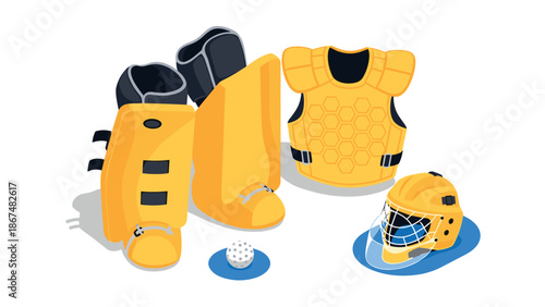 Ice hockey goalie gear in isometric style with helmet, pads, and puck
