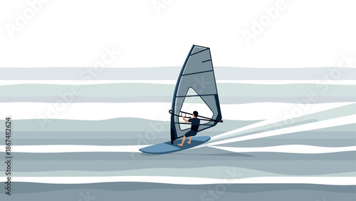 Minimalist windsurfing scene with waves in motion