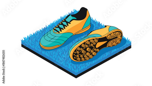 Isometric soccer cleats on grass patch in vibrant colors