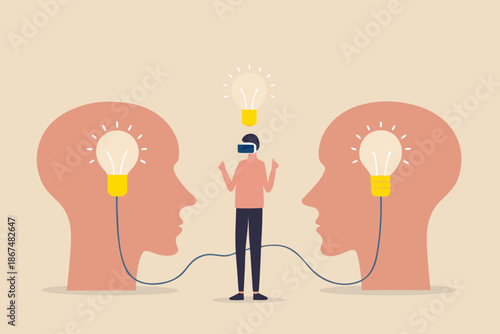 Sharing ideas and collaborative thinking between people illustrated with lightbulbs