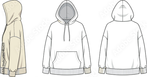 Unisex Pullover Hoodie Technical Flat Sketch Showing Front Back and Side Views with Ribbed Hem for Casual Streetwear Apparel Design