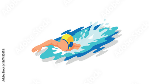 Isometric swimmer in action with vibrant water splashes