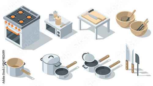 Isometric kitchen equipment set featuring modern appliances and cooking utensils