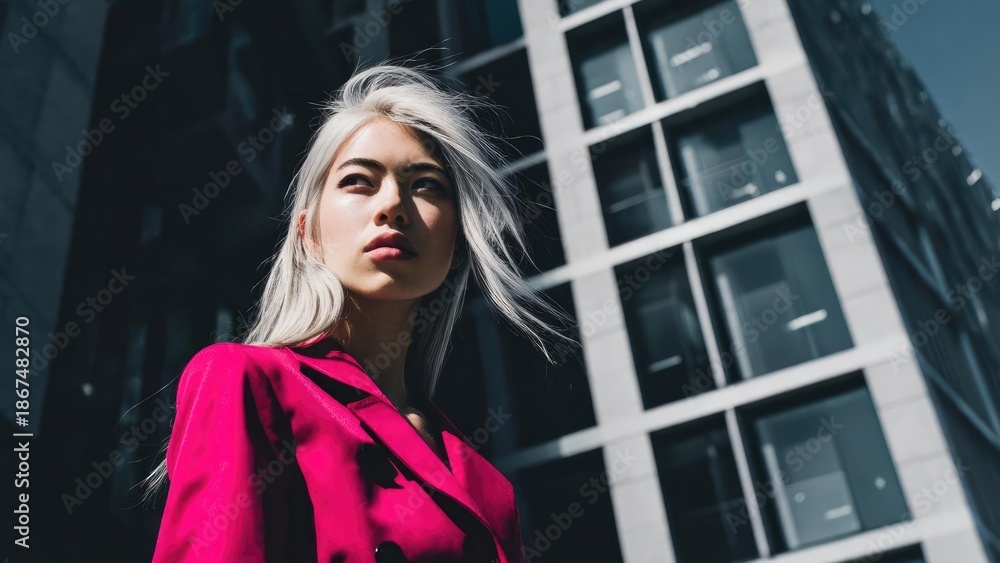 Fototapeta premium A stylish woman with platinum blonde hair wearing a bright pink blazer stands in front of a modern glass building. Concept Platinum Blonde Hair, Bright Pink Blazer, Modern Glass Building