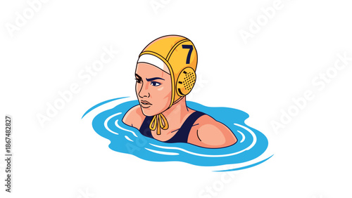 Water polo athlete focused in motion with yellow helmet