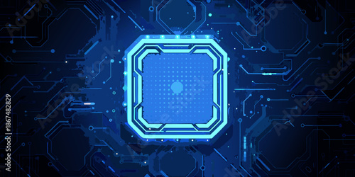 Abstract digital circuitry with a glowing central square and interconnected lines