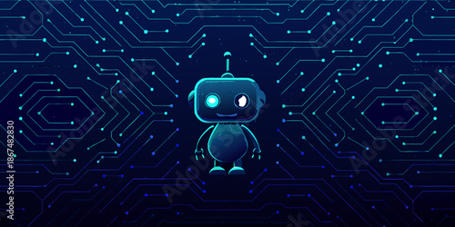 A cute robot stands amidst a complex network of digital circuitry
