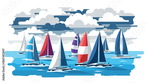 Colorful yacht race on ocean with dramatic clouds