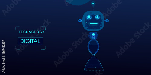 Futuristic robot illustration with digital and technology themed graphical elements