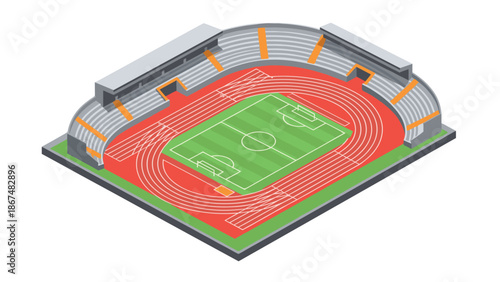 Isometric sports stadium with football field and running track