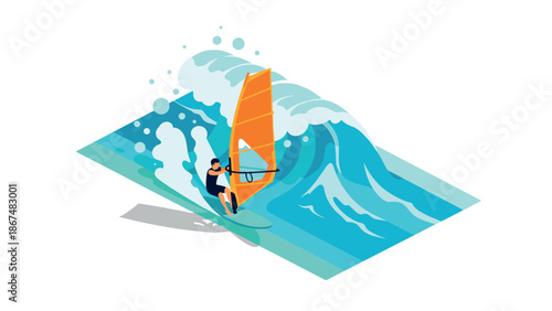 Isometric windsurfing adventure with dynamic ocean wave and splashing surf