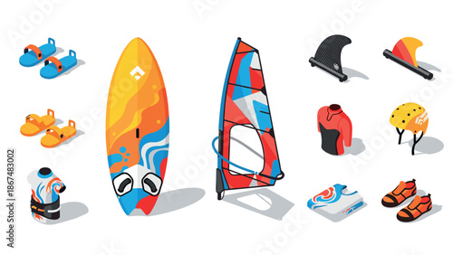Bright water sports equipment featuring surfboards and accessories for windsurfing enthusiasts