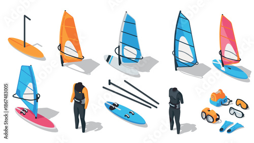 Isometric windsurfing gear and equipment set with boards and suits