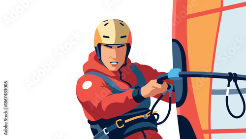 Dynamic windsurfing adventure: athlete navigating the waves in sporty gear