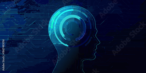 Digital human head with a glowing brain interface and circuit background