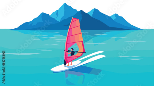 Windsurfing adventure on vibrant waters with majestic mountain backdrop