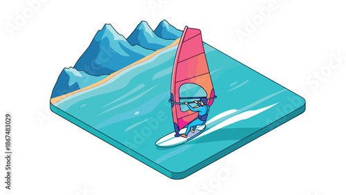 Isometric windsurfing adventure on ocean with mountain views