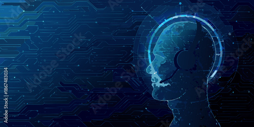 Digital human head silhouette with integrated circuits and futuristic technology background