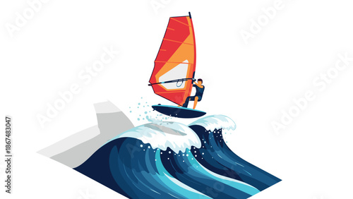 Sailor riding a giant wave on a windy day with vibrant windsurfing adventure