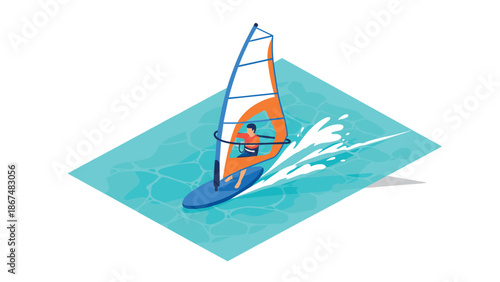Dynamic isometric windsurfing in blue waters with splashing waves