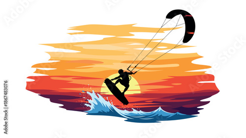 Vibrant kiteboarding silhouette at sunset with dynamic ocean waves