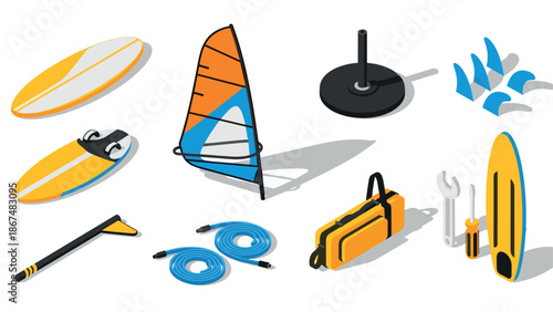 Colorful isometric windsurfing equipment collection: boards, sails, and tools