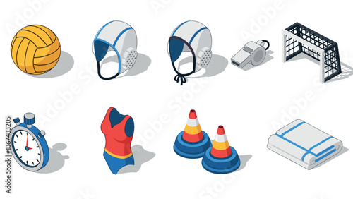 Water polo equipment collection in isometric style for sport enthusiasts