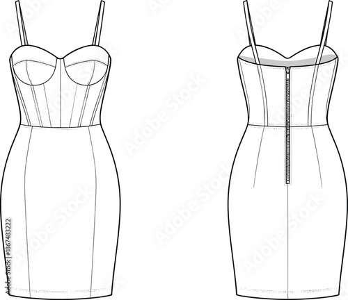 Women Corset Bodycon Dress Technical Flat Drawing Showing Front and Back Views with Boning Details for Fashion Design Apparel Manufacturing