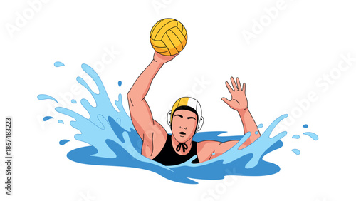 Water polo player in action with ball and splash in dynamic cartoon style