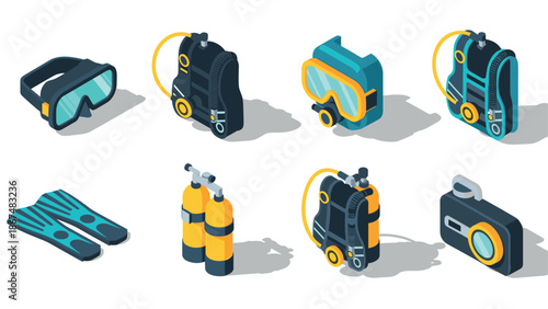Isometric diving equipment collection: snorkel, goggles, and more