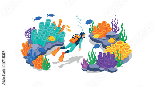 Isometric underwater scene with diver and colorful coral reefs