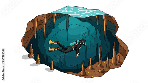 Scuba diver exploring underwater cave with stalactites and stalagmites in cartoon style