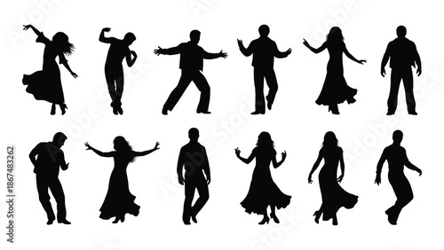 Silhouettes of dancing people in various poses a display of movement and grace