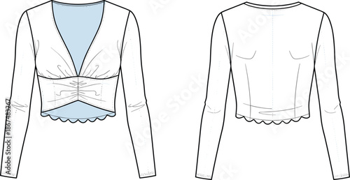 Women fashion blouse technical flat sketch showing front and back views with long sleeves fitted waist and scalloped hem detail