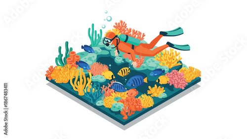 Colorful coral reef with diver and fish in isometric underwater scene