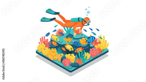 Colorful isometric underwater scene with scuba diver and coral reef animals