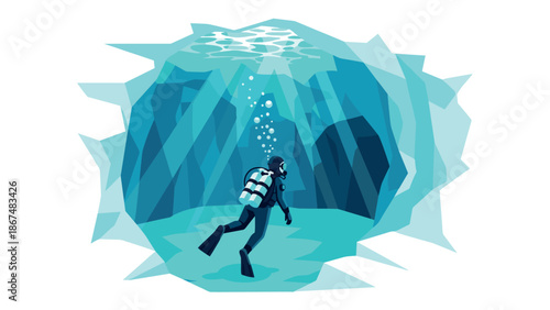 Exploring underwater cave with scuba diver and sunlight rays