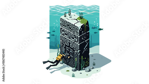 Underwater exploration of ancient monolith with diver in isometric ocean scene