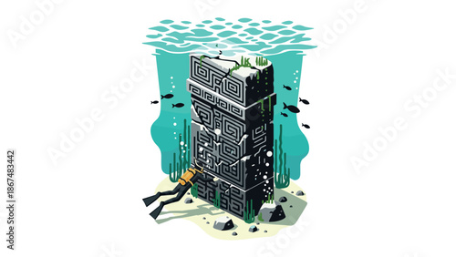 Diver explores underwater ruins: isometric adventure scene with marine life