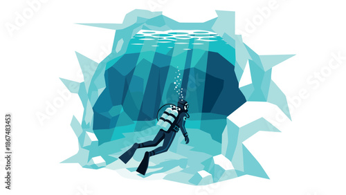 Diver exploring underwater ice cave in geometric style illustration